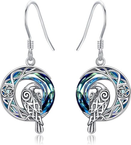 Crystal Raven Earrings Sterling Silver Crow Viking Odin Bird Drop Earrings Blue Crystal Raven on Moon Jewelry Gifts for Women Girls in Saudi Arabia