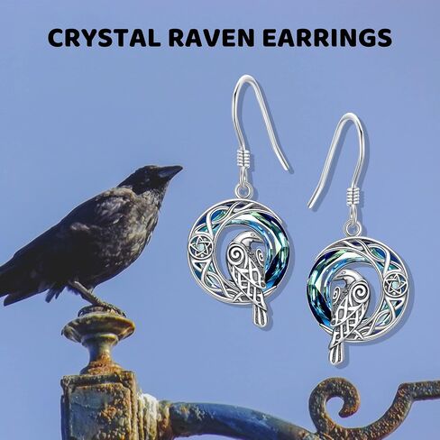 Crystal Raven Earrings Sterling Silver Crow Viking Odin Bird Drop Earrings Blue Crystal Raven on Moon Jewelry Gifts for Women Girls in Saudi Arabia