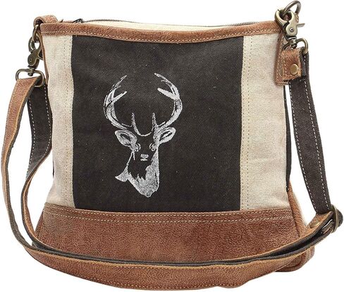 Myra Bags Reindeer Upcycled Canvas Crossbody Bag S-1033, Tan, Khaki, Brown, One_Size in Saudi Arabia