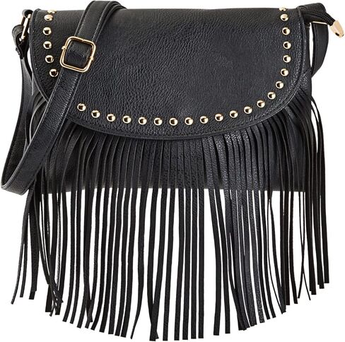 Black Fringe Purse for Women, Faux Leather Hippie Crossbody Bag (10.5 x 1.5 x 7.8 In) in Kuwait