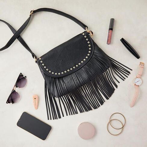 Black Fringe Purse for Women, Faux Leather Hippie Crossbody Bag (10.5 x 1.5 x 7.8 In) in Kuwait