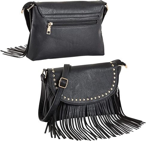 Black Fringe Purse for Women, Faux Leather Hippie Crossbody Bag (10.5 x 1.5 x 7.8 In) in Kuwait