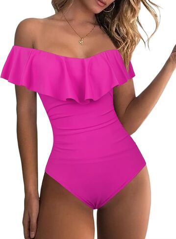 Hilor Women's Off Shoulder One Piece Swimsuits Retro Tummy Control Swimwear Flounce Ruffled Bathing Suit in Kuwait