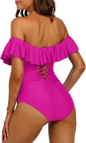 Hilor Women's Off Shoulder One Piece Swimsuits Retro Tummy Control Swimwear Flounce Ruffled Bathing Suit in Kuwait