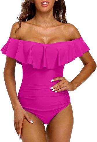 Hilor Women's Off Shoulder One Piece Swimsuits Retro Tummy Control Swimwear Flounce Ruffled Bathing Suit in Kuwait