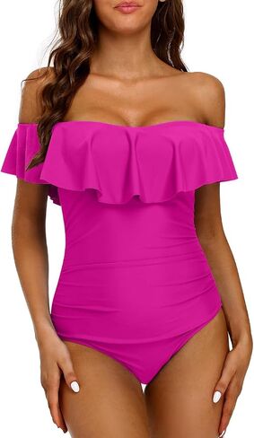 Hilor Women's Off Shoulder One Piece Swimsuits Retro Tummy Control Swimwear Flounce Ruffled Bathing Suit in Kuwait