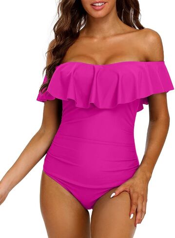 Hilor Women's Off Shoulder One Piece Swimsuits Retro Tummy Control Swimwear Flounce Ruffled Bathing Suit in Kuwait