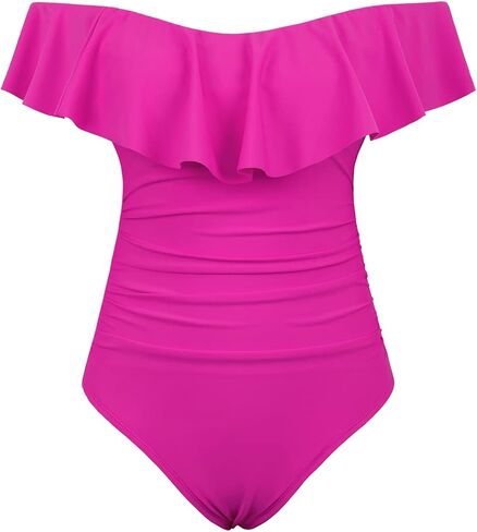 Hilor Women's Off Shoulder One Piece Swimsuits Retro Tummy Control Swimwear Flounce Ruffled Bathing Suit in Kuwait