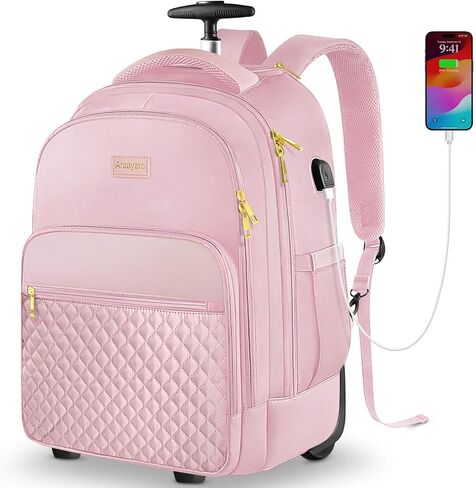 Arcoyard Rolling Backpack Carry On Luggage For Adults With Wheels, 45L Wheeled Backpack For Women, Travel Roller Backpack, Rolling Bookbag for Girls, Pink in Kuwait