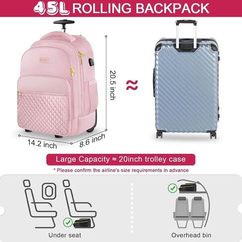 Arcoyard Rolling Backpack Carry On Luggage For Adults With Wheels, 45L Wheeled Backpack For Women, Travel Roller Backpack, Rolling Bookbag for Girls, Pink in Kuwait
