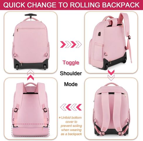 Arcoyard Rolling Backpack Carry On Luggage For Adults With Wheels, 45L Wheeled Backpack For Women, Travel Roller Backpack, Rolling Bookbag for Girls, Pink in Kuwait