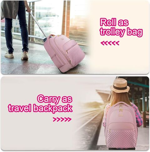 Arcoyard Rolling Backpack Carry On Luggage For Adults With Wheels, 45L Wheeled Backpack For Women, Travel Roller Backpack, Rolling Bookbag for Girls, Pink in Kuwait