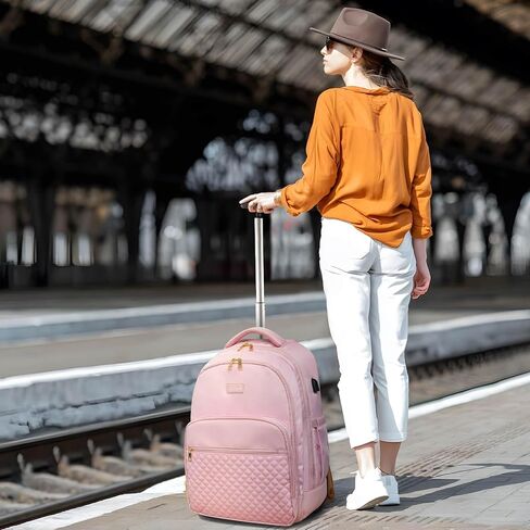 Arcoyard Rolling Backpack Carry On Luggage For Adults With Wheels, 45L Wheeled Backpack For Women, Travel Roller Backpack, Rolling Bookbag for Girls, Pink in Kuwait