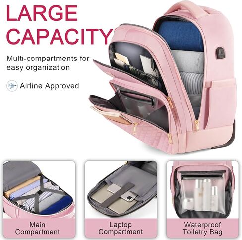 Arcoyard Rolling Backpack Carry On Luggage For Adults With Wheels, 45L Wheeled Backpack For Women, Travel Roller Backpack, Rolling Bookbag for Girls, Pink in Kuwait