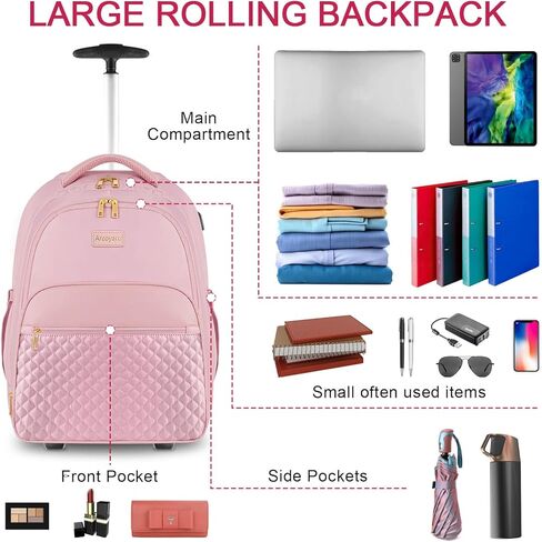 Arcoyard Rolling Backpack Carry On Luggage For Adults With Wheels, 45L Wheeled Backpack For Women, Travel Roller Backpack, Rolling Bookbag for Girls, Pink in Kuwait