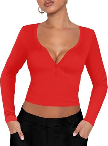 تي شيرت نسائي مثير بأكمام طويلة من Afibi تي شيرت هينلي بياقة على شكل V وزر للأسفل تي شيرت أساسي غير رسمي ضيق ومضلع ومتماسك قطع علوية قصيرة in Kuwait