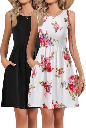 قطعتان من فساتين الصيف النسائية غير الرسمية برقبة دائرية وأكمام بطول الركبة، فساتين صيفية فضفاضة مع جيوب in Kuwait