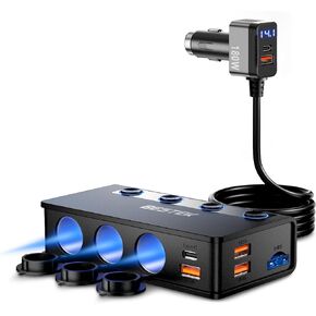 BESTEK 180W ولاعة السجائر الفاصل، محول ولاعة السجائر 3 مقابس مع PD 65W&18W وQC3.0 18W*4 منافذ شحن، عرض الجهد LED محول شاحن فائق السرعة للمركبات 12V/24V