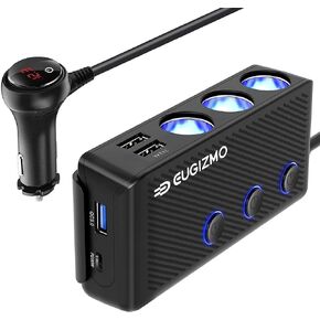 Cigarette Lighter Plug Splitter, 200W 3 Socket Car Cigarette Lighter Adapter USB Charger Extension Cord Multi Port Power Plug 12V/24V Splitter with LED Voltage Display Independent Switches