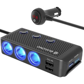 Car Cigarette Lighter Splitter Adapter, EUGIZMO 200W 12V/24V Power Outlet 3 Socket Car Cigarette Lighter Plug Splitter USB Charger Extension Cord Extender with LED Voltage Display Independent Switch