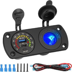 Linkstyle 2-in-1 Switch Panel,12V USB Outlet & Cigarette Lighter Socket with Colorful Ring Voltmeter, USB A, QC USB C Port - Waterproof DIY Kit for Car, Boat, Marine, RV, and More