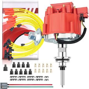 MAS Red Cap Performance HEI Distributor+Spark Plug Wires+Free Pig Tail Kit Replacement for Mopar Chrysler Dodge Plymouth V8 Engines 273 318 340 360 —7500 RPM 65K Coil (Red Hei Kit)