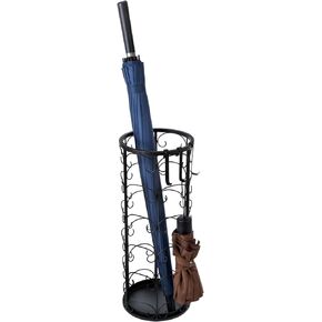 MyGift Matte Black Metal Umbrella Stand with Decorative Vintage Scrollwork, Freestanding Cane or Walking Stick Holder Rack with 3 Hanger Hooks for Compact Travel Umbrellas