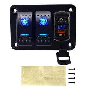 شاحن USB Switchtec USB-C/QC 3.0 مع الفولتميتر 2 لوحة مفاتيح متأرجحة، إضاءة خلفية زرقاء LED، قوارب مكونات مقاومة للماء سلكية مسبقًا، بحري، منزل متنقل، RV، مركبات الطرق الوعرة، RV in Kuwait