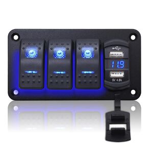 Geloo 4 Gang Boat Rocker Switch Panel 12V-24V Marine Switch Panel Waterproof with QC 3.0 USB Fast Charging LED Voltmeter, Boat Switch Panel for Cars Boats Marine Trucks RVs