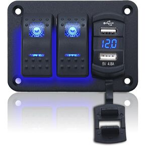 Geloo 4 Gang Boat Rocker Switch Panel 12V-24V Marine Switch Panel Waterproof with QC 3.0 USB Fast Charging LED Voltmeter, Boat Switch Panel for Cars Boats Marine Trucks RVs