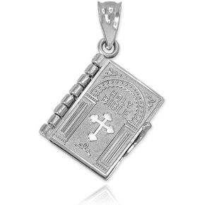 10K Gold 5/8" 3D Hinged Book with Pages Holy Bible with Lord’s Prayer Bottonee Cross Pendant Charm