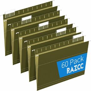 Extra Capacity Hanging File Folders, RAZCC 60 Pack Letter Size Reinforced Hanging Folders with Heavy Duty 1 Inch Expansion for Bulky Files, Filing Cabinet, Adjustable Tabs, Green