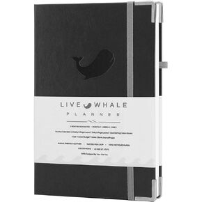 Live Whale A5 مخطط أعمال لمدة 90 يومًا/مخطط إنتاجية شهرية لتتبع العادات والصحة ومذكرات الامتنان، منظم شخصي من الجلد الصناعي الصديق للنباتيين - أسود