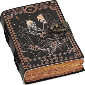 C CUERO Book of Spells Leather Journal Deckle Edge Paper Grimoire Printed Journal The Lovers Tarot Notebook Spiral Gothic Notebook Skull lover Antique Vintage Leather Journals for Men and Women