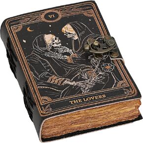 C CUERO Book of Spells Leather Journal Deckle Edge Paper Grimoire Printed Journal The Lovers Tarot Notebook Spiral Gothic Notebook Skull lover Antique Vintage Leather Journals for Men and Women