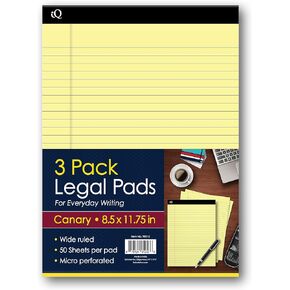 iScholar iQ Legal Pads, Canary, Wide Ruled, 8.5" x 11.75", 50 Sheets Per Pad, Pack of 3 Pads (98113)