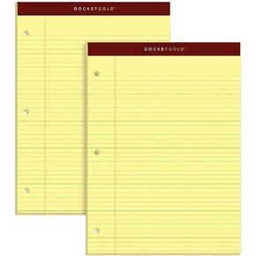 TOPS Docket Gold Writing Pads, 8-1/2" x 11-3/4", Narrow Rule, Canary Paper, 3-Hole Punched, 100 Sheets, 2 Pack (99716)