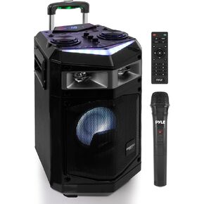 Pyle 500W Wireless Portable PA Speaker System with Bluetooth - Rechargeable Battery, Microphone Set, Mic Talkover, MP3/USB/SD, FM Radio, AUX, and LED DJ Lights for Outdoor Events