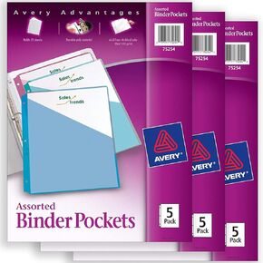Avery Binder Pockets for 3 Ring Binders, Assorted (Blue, Clear, Green, Pink and Yellow), 5 Per Pack, 12 Packs, 60 Binder Pockets Total (75254)