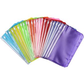 24Pcs A5 Binder Pockets 6 Holes Zipper Binder Pouch for Cash,ID Card,Credit Card, 8 Colors