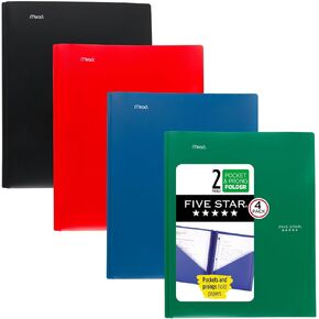 Five Star 2 Pocket Folders, 4 Pack, Plastic Folders with Prong Fasteners, Holds 11" x 8-1/2", Black, Fire Red, Forest Green, Pacific Blue (38140)