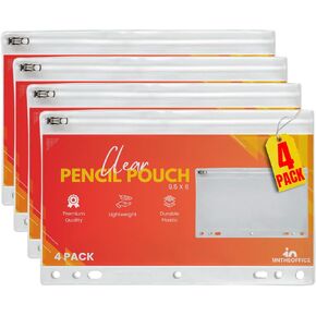 1InTheOffice Clear Pencil Pouch For 3 Ring Binder, Ring Binder Pockets with Zipper, Vinyl, 4 Pack