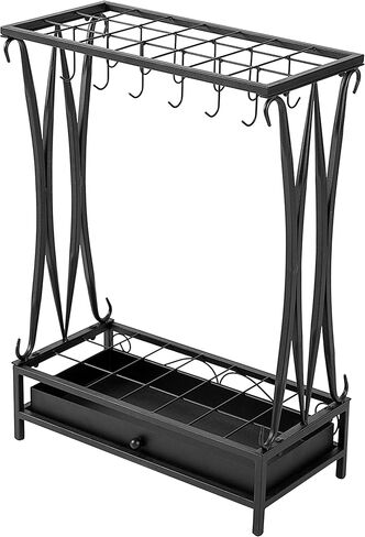 MyGift Modern Black Metal Umbrella Rack with 21 Slots and 12 Hooks and Removable Base Drip Tray in Saudi Arabia
