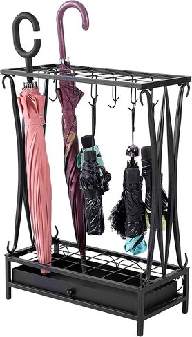 MyGift Modern Black Metal Umbrella Rack with 21 Slots and 12 Hooks and Removable Base Drip Tray in Saudi Arabia