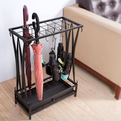 MyGift Modern Black Metal Umbrella Rack with 21 Slots and 12 Hooks and Removable Base Drip Tray in Saudi Arabia