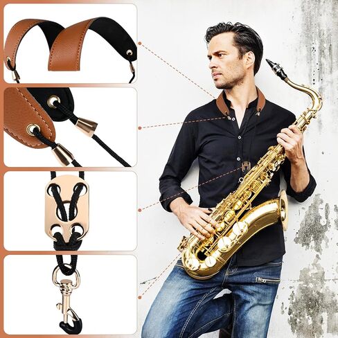 Saxophone Neck Strap Set of 3 Premium Saxophone Soft Leather Padded Sax Neck Strap for Alto/Tenor/Soprano Adjustable length Clarinet Neck Band with Metal Hook and Adjustment Buckle - Holds Over 66 lbs in Saudi Arabia