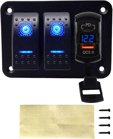 شاحن USB Switchtec USB-C/QC 3.0 مع الفولتميتر 2 لوحة مفاتيح متأرجحة، إضاءة خلفية زرقاء LED، قوارب مكونات مقاومة للماء سلكية مسبقًا، بحري، منزل متنقل، RV، مركبات الطرق الوعرة، RV in Kuwait