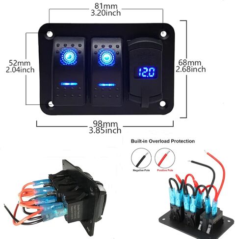 شاحن USB Switchtec USB-C/QC 3.0 مع الفولتميتر 2 لوحة مفاتيح متأرجحة، إضاءة خلفية زرقاء LED، قوارب مكونات مقاومة للماء سلكية مسبقًا، بحري، منزل متنقل، RV، مركبات الطرق الوعرة، RV in Kuwait