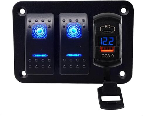 شاحن USB Switchtec USB-C/QC 3.0 مع الفولتميتر 2 لوحة مفاتيح متأرجحة، إضاءة خلفية زرقاء LED، قوارب مكونات مقاومة للماء سلكية مسبقًا، بحري، منزل متنقل، RV، مركبات الطرق الوعرة، RV in Kuwait
