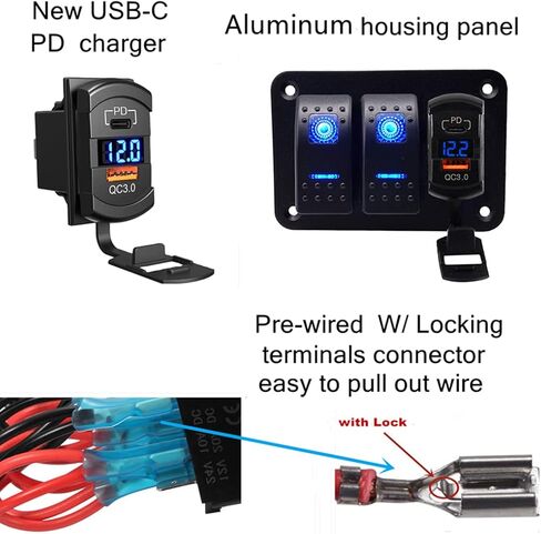 شاحن USB Switchtec USB-C/QC 3.0 مع الفولتميتر 2 لوحة مفاتيح متأرجحة، إضاءة خلفية زرقاء LED، قوارب مكونات مقاومة للماء سلكية مسبقًا، بحري، منزل متنقل، RV، مركبات الطرق الوعرة، RV in Kuwait